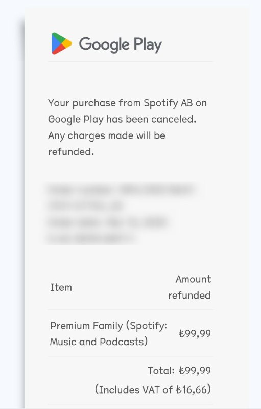 Spotify大面积取消家庭订阅，并直接删除订阅账号通过Play内购Google会发邮件提醒取消订阅;通过PayPal付款则直接被删号没有任何提醒