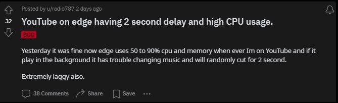 微软 Edge 浏览器刷 YouTube 变卡顿，用户怀疑遭谷歌“暗算”IT之家 1 月 14 日消息，近日 Reddit 论坛上出现大量帖子，声称谷歌有意降低了 Edge 浏览器的 YouTube 播放性能，占用过高的 CPU 资源，卡顿到几乎无法使用