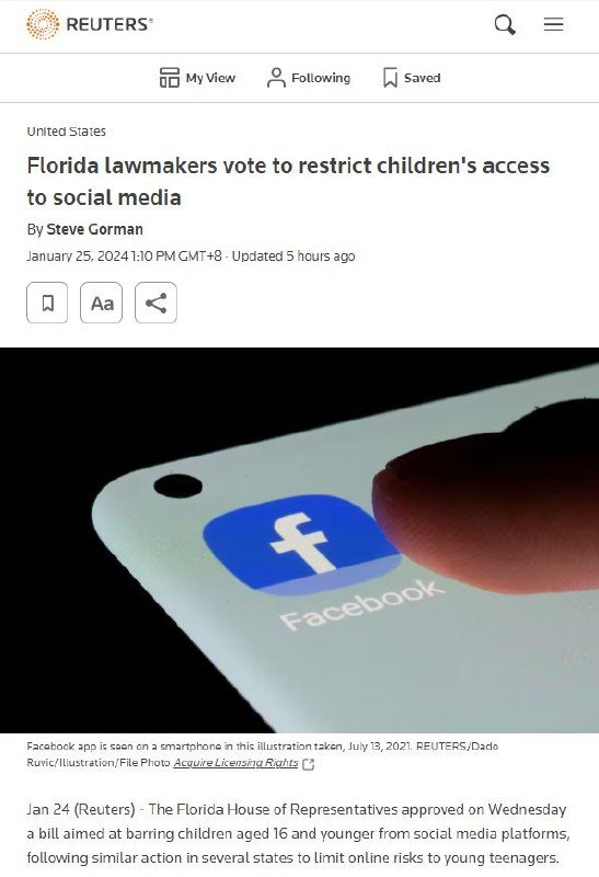 美国佛罗里达州通过法案，禁止 16 岁以下青少年使用社交媒体据路透社报道，美国佛罗里达州众议院当地时间周三（24 日）批准了一项旨在阻止 16 岁以下青少年使用社交媒体平台的法案，该法案以 106:13 的投票通过，规定社交媒体平台必须终止任何 16 岁以下用户的账户，并使用第三方验证系统来筛选未成年人