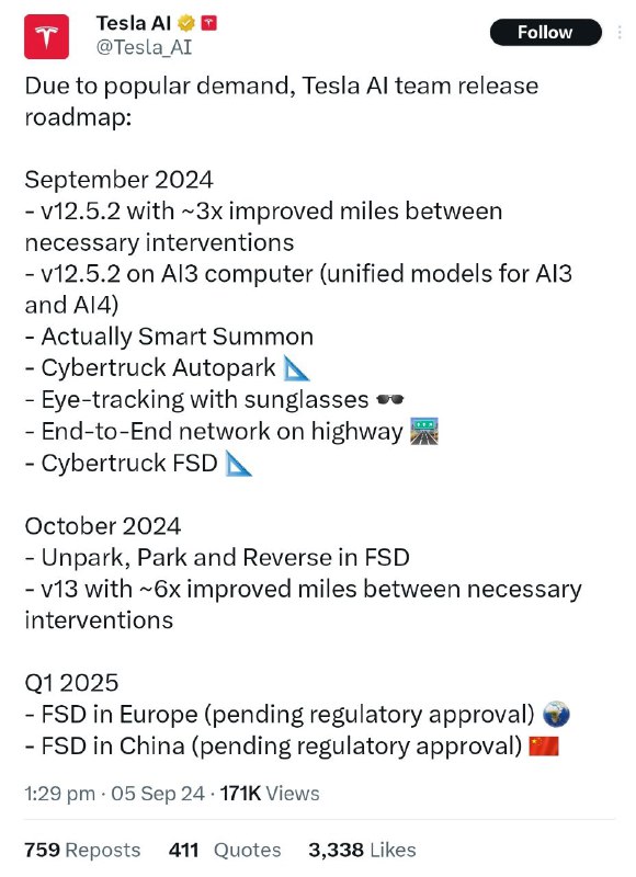 特斯拉预计明年第一季度在中国和欧洲推出全自动驾驶（FSD）系统特斯拉9月5日在X平台上发布路线图，预计2025年第一季度在中国和欧洲推出全自动驾驶（FSD）系统，但仍有待监管批准
