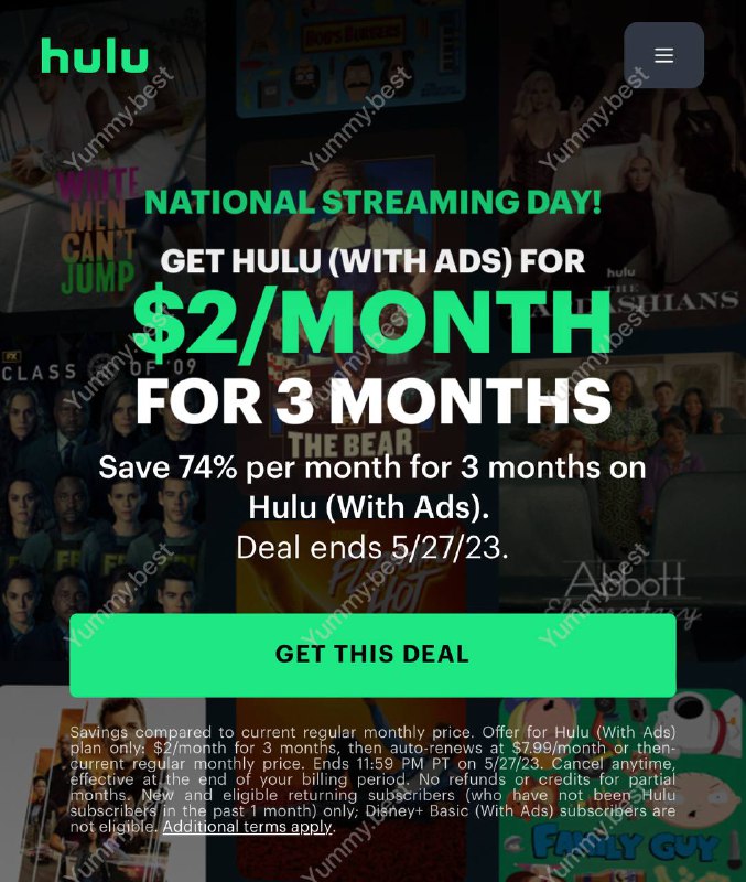 Hulu 限时优惠，广告支持方案三个月仅需$6通常情况下，该方案的费用是每月7.99美元，三个月约24美元，这意味着你节省了18美元——或者，实际上是免费获得了两个月