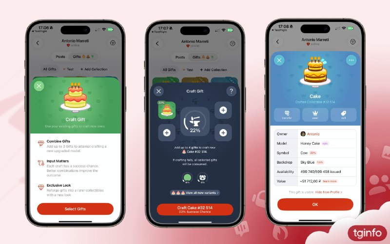 Telegram 测试「礼物合成」机制：赌场机制与资产消耗该机制已在Beta 版本 iOS 版 Telegram （版本号为 12.3.3 (32167) ）中上线
