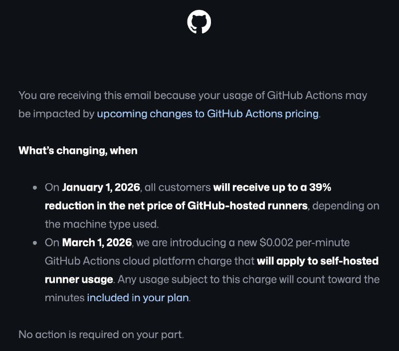 GitHub 将对私有仓库的自托管 runner 收取 $0.002/分钟 的平台使用费，明年3月生效- 2026年1月1日起，我们将降低GitHub-hosted runner的价格（最高40%），新价格已包含 $0.002/分钟的云平台适用费