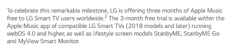 LG 向全球用户免费提供3个月Apple Music试用为庆祝LG电视原生支持AM的Dolby Atmos， LG 电视上的 Apple Music 应用程序向全球用户提供 3 个月的 Apple Music 免费试用
