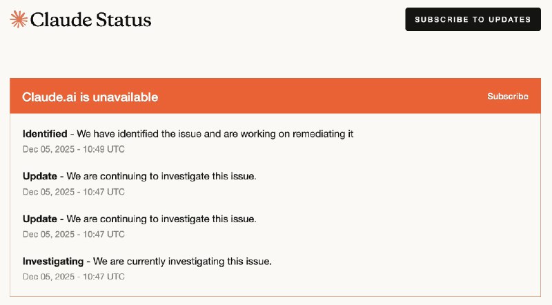 Claude 今日也出现故障继 Cloudflare 炸了后，Claude 自刚刚（10:47 UTC 时间）起出现故障，Claude[.]ai 无法访问，Anthropic 官方在 Claude Status 页面中表示：我们已查明问题所在，并正在努力解决