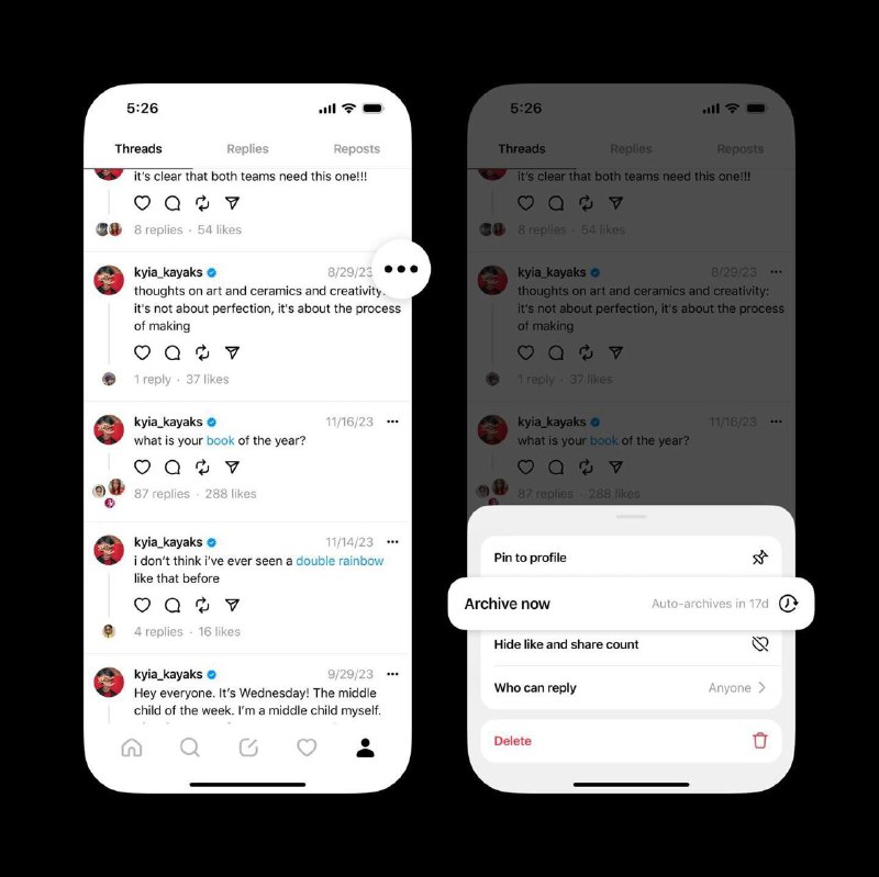 Threads 正在测试自动隐藏旧帖子的功能Instagram 的负责人 Adam Mosseri 表示，这一功能目前仅对“少数”用户开放，但它将允许你选择手动归档单个帖子或在一定时间后自动归档