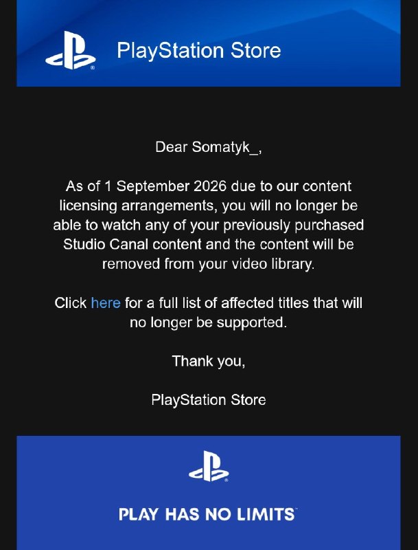 索尼将删除用户 PlayStation 账号中购买的电影，涉及超过 550 部数字版影片PlayStation 已通知用户，由于与 Studio Canal 之间的授权协议，它将很快从用户的 PSN 账户中删除 550 多部数字电影