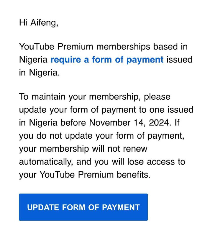 YouTube 正在加大力度清退尼日利亚和阿根廷老用户今天，来自多个投稿以及各群组的反馈表示，他们均收到被要求「绑定当地发行的银行卡」的邮件，否则将被取消订阅今年6月，尼日利亚区新开通 YouTube Premium 订阅时已强制要求绑定当地发行的银行卡邮件内容包括：- 尼日利亚的 YouTube Premium 会员需要使用在尼日利亚签发的付款方式