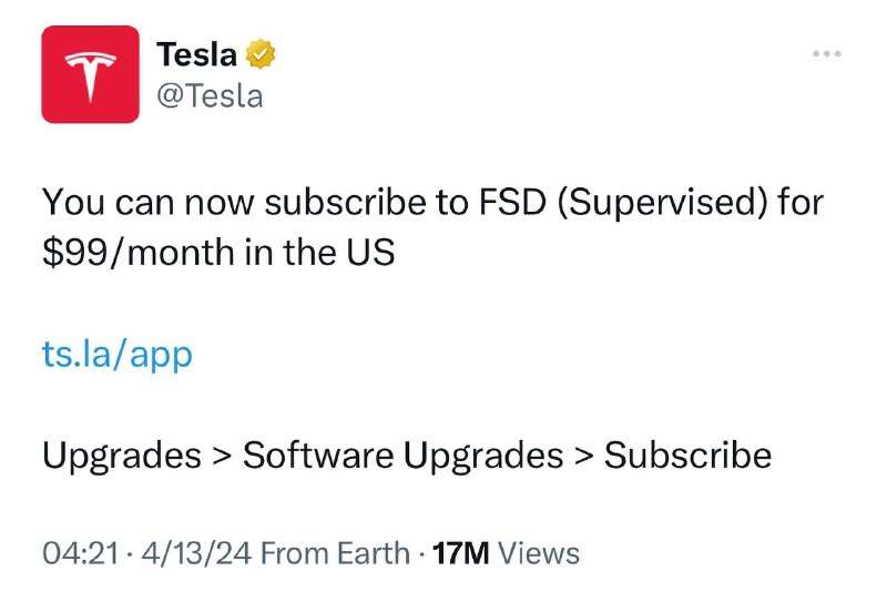 Tesla 在美国推出FSD（全自动驾驶)订阅，$99/月ts.la/app 订阅方式：Upgrades > Software Upgrades > Subscribe🗒 标签: #特斯拉 #FSD📢 频道: @GodlyNews1🤖 投稿: @GodlyNewsBot