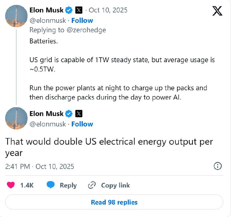 马斯克给出“AI能源”解决方案：电网夜间储能、白天放电，将使美国电力产出翻倍近日，马斯克在社交平台X上表示，美国电网具备约1万亿瓦稳定输出能力，但日均使用量仅为0.5万亿瓦