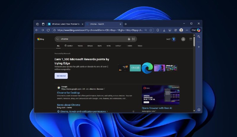 用户发现通过Bing引擎搜索Chrome时，微软使用“积分”鼓励你继续使用Edge如果你在必应上搜索“Chrome”，微软会提供 1,300 奖励积分，鼓励你继续使用 Windows 11 的 Edge 浏览器