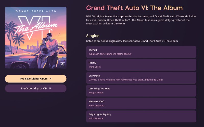 R星开启《GTA 6》音乐专辑预售，$19.98起