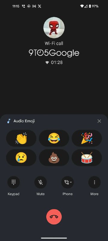 Google Phone新增“音频表情”功能，包括一个奇怪的💩表情谷歌在Phone应用的设置中解释了这个功能，称：在通话中，通过可点击的表情符号发出掌声、笑声、悲伤的长号等声音来表达情绪和心情