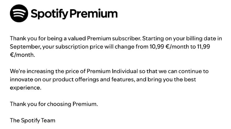 Spotify Premium全球范围内涨价，美国除外邮件将在未来一个月内发送给受影响的客户