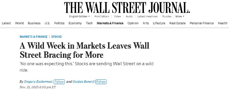 WSJ：市场经历剧烈波动一周后，华尔街严阵以待，准备迎接更多挑战由于对AI泡沫的担忧导致市场日内剧烈波动，标普500指数上周下跌近2%