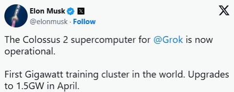 全球首个GW级算力集群！马斯克宣布xAI旗下Colossus 2投入运行，距离开工建设不到1年！马斯克宣布，xAI旗下的Colossus 2超级计算机已正式投入运行