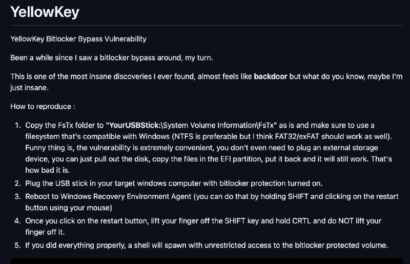 安全研究员公开BitLocker零日漏洞，可以直接绕过加密机制访问文件研究人员公开披露 Microsoft BitLocker 加密系统的低级安全漏洞，仅需 1 个 U 盘并物理接触设备即可访问未解锁的 BitLocker 加密分区任何文件