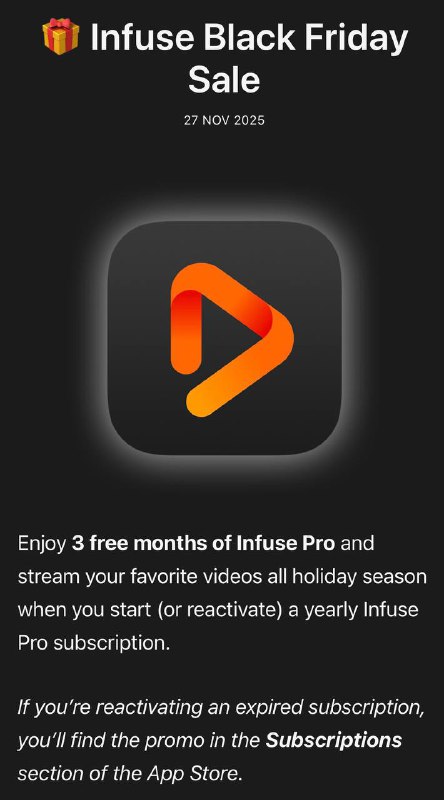 Infuse Black Friday Deal新订阅或续订Infuse Pro年度计划，可额外获得3个月