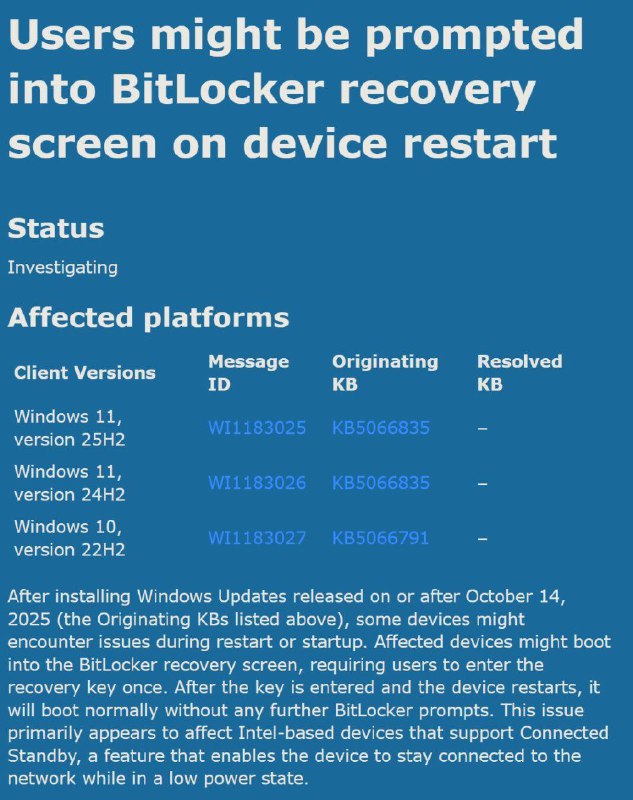 微软警告，Windows 11 十月更新可能会触发 BitLocker 恢复模式BitLocker 是 Windows 11 24H2 和 25H2 中默认启用的安全功能