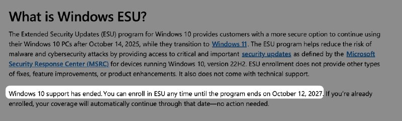 微软悄悄将Windows 10安全更新支持延长一年该支持计划现定于 2027 年 10 月 12 日结束微软已将其面向消费者的 Windows 10“扩展安全更新”（ESU）计划延长一年：关键安全补丁的截止时间从原定的 2026 年 10 月 12 日，推迟到 2027 年 10 月 14 日