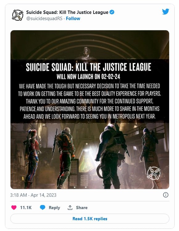 《自杀小队：战胜正义联盟》游戏推迟至 2024 年 2 月 2 日上线Rocksteady 在官方推文中表示：“我们做出了艰难但必要的决定，我们需要花费更多的时间，为玩家打造更优秀的体验