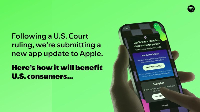 Spotify 已经准备好了一个应用程序来测试苹果的新规定这家流媒体公司在 Epic Games 诉苹果公司的重大裁决后，已经提交了 iOS 应用的更新根据一篇博文，Spotify 表示它已经提交了 iOS 应用的更新，此更新将让美国用户除了可以使用苹果的支付选项外，也可以使用其他支付方式