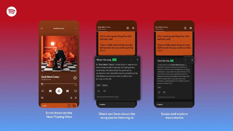 Spotify 推出新功能，让你可以探索所歌曲背后的创作与故事该功能正在以测试版形式在移动端上线，面向使用英语的付费用户，适用于美国、英国、加拿大、爱尔兰、新西兰和澳大利亚