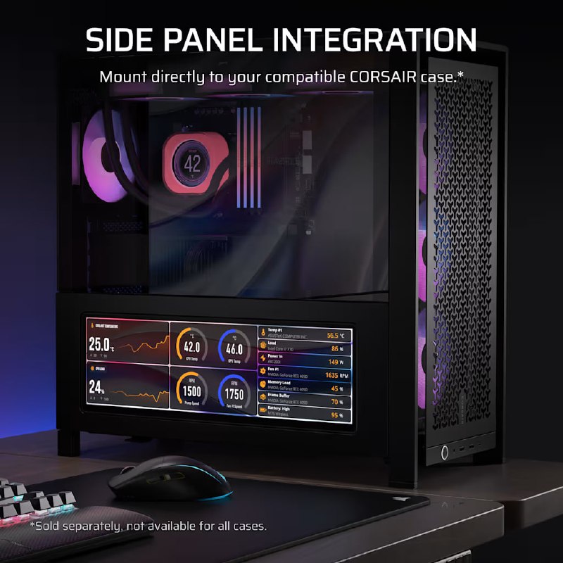 海盗船推出了一款可以放进机箱的 14.5 英寸触摸屏2560 x 720 的 Corsair Xeneon Edge 还配备了一个桌面支架，拥有标准的 1/4 英寸螺纹安装孔，背面还装了磁铁，可以吸附在各种金属表面上