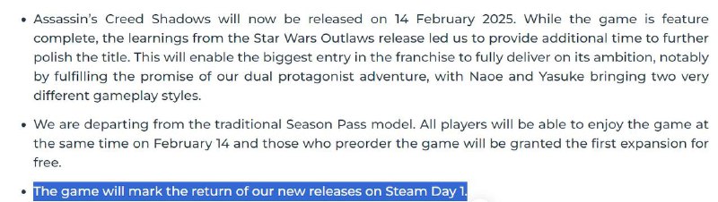 《刺客信条：影》跳票至2025，今后育碧发售的游戏都将登陆Steam《刺客信条：影》延期至2025年2月14号，Steam首日同步发售，现有预购玩家会获得自动退款
