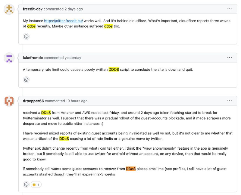 Twitter 的官方人员正在试图通过 DDoS 攻击开源项目来阻止开源社区继续维护 Twitter 的第三方客户端RSSHub 和 Nitter 的实例都有报告正在受到持续了几天的 DDoS 攻击🫠 很难相信这是一个正经公司能做出来的事情原贴：