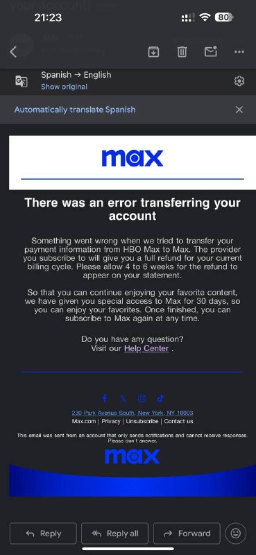 HBO Max 跨区偷渡订阅的账号（无论是 Google Play 还是 App Store 订阅的）都遇到了无法转移 Billing Profile 的问题
