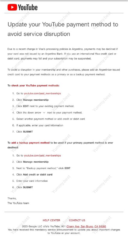 阿根廷YouTube Visa支付通道即将锁卡！Google Play内购或受影响更新您的YouTube付款方式，以避免服务中断由于Visa在阿根廷的处理政策最近发生了变化，如果您的卡不是由阿根廷银行签发的，付款可能会被拒绝