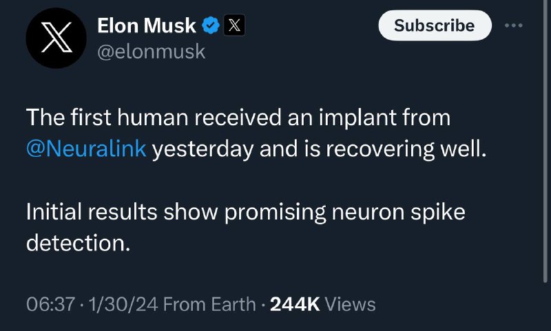马斯克：昨天，人类首次接受脑机接口（Neuralink）植入