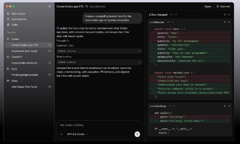 OpenAI 推出Codex桌面端应用，现已在 macOS 上可用在限定时间内，可通过ChatGPT Free 和 Go免费试用Codex，或者通过Plus、Pro、Business和Enterprise订阅享受2倍的Codex费率限制