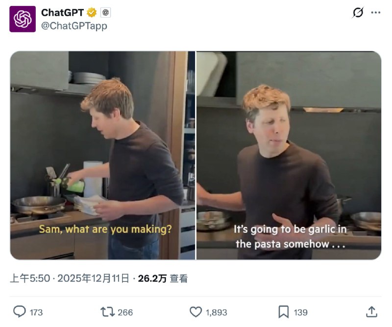 GPT-5.2-high 现已在 Cursor 中可用有网友实测 GPT-5.2-high 已经在 Cursor 中可用，估计今晚就全量推送了此外，ChatGPT 的官方账号今天在 X 上发帖 Sam Altman 烹饪过程需要“garlic”（大蒜）的 meme 图，暗示即将推出代号“garlic”的新模型