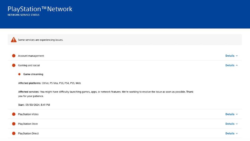 索尼PlayStation Network瘫痪 PS5和PS4 玩家无法在线游玩官方 PSN 服务状态页面确认问题影响了所有内容，包括 PlayStation 的所有在线功能均无法正常工作