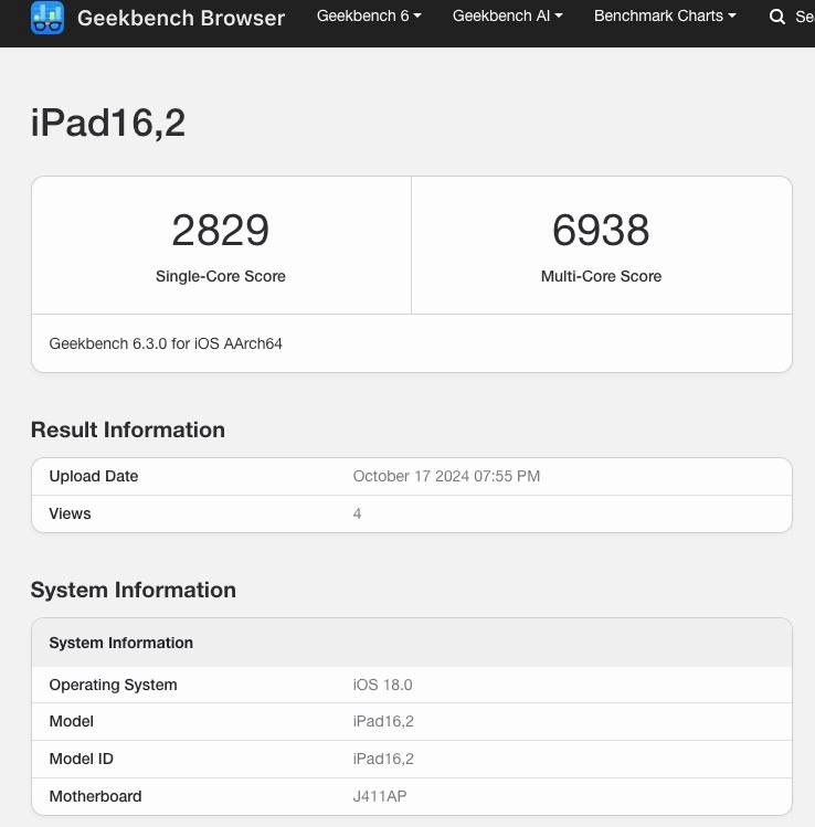 iPad mini 7 Geekbench 跑分曝光，确认有 8GB RAM今天，不少 iPad mini 7 Geekbench 跑分在网上出现，当中显示型号为 iPad 16,2，从规格所见，CPU 跟 iPhone 15 Pro Max 一致，同样使用3.78GHz 6 核芯片，内存为 8GB