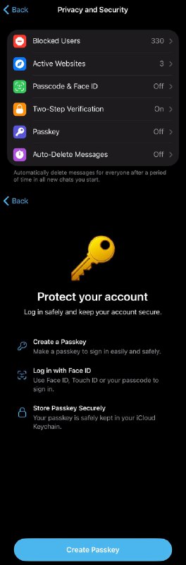 Telegram 正式推广Passkey登陆你可以在“设置-隐私与安全“内找到Passkey选项，并开启