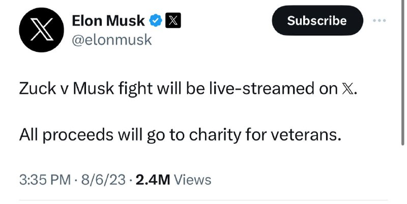 马斯克宣布：“马扎之战”将在X上直播，所有收益捐给退伍军人慈善机构马斯克刚刚在旗下社交平台 X 上宣布，他和Meta首席执行官马克·扎克伯格之间约定的格斗将在X上直播