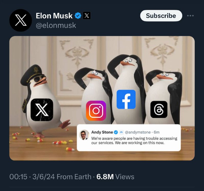 马斯克在X发文嘲讽竞争对手Meta 网络服务中断