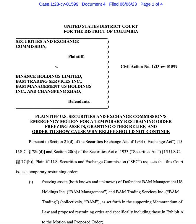 SEC 向法院申请冻结世界上最大的加密货币交易所Binance的资产SEC表示，它已做出这一决定，以“确保客户资产的安全”