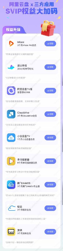 阿里云盘SVIP 可免费领取三个月Infuse / Clouddrive入口，首页右下方『SVIP权益』🗒 标签: #阿里云盘 📢 频道: @GodlyNews1🤖 投稿: @GodlyNewsBot