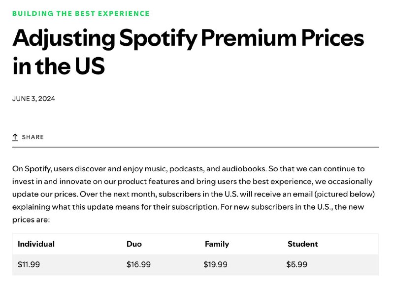 Spotify 美区再次上调价格在Spotify首次在美国提高Spotify Premium的价格一年后，这种情况再次发生