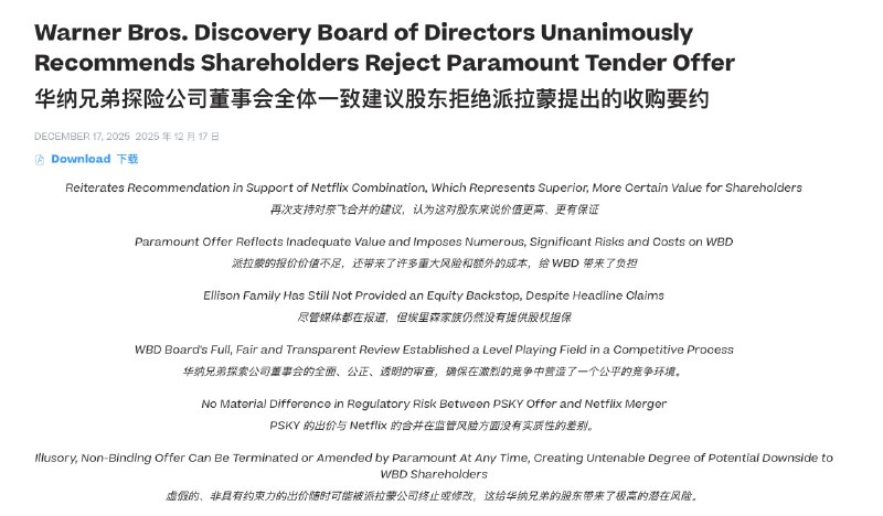 华纳兄弟拒绝派拉蒙1084 亿美元的敌意收购要约华纳称这个报价“虚幻”，还指责这家电影巨头在财务方面误导股东