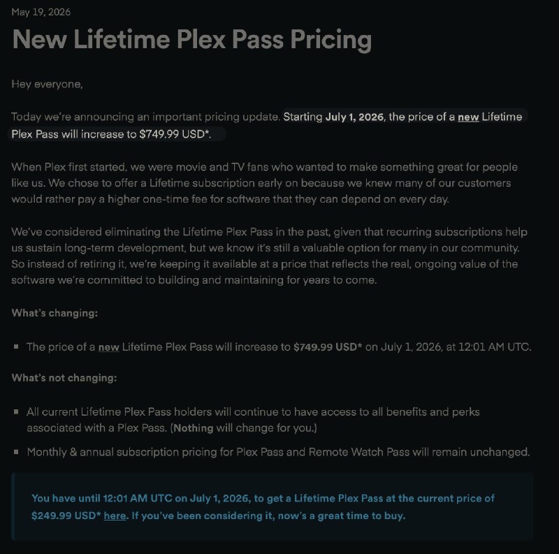 Plex 将终身 Plex Pass 的价格上调至 $750 这次价格调整将于 2026 年 7 月 1 日 00:01（UTC）正式生效