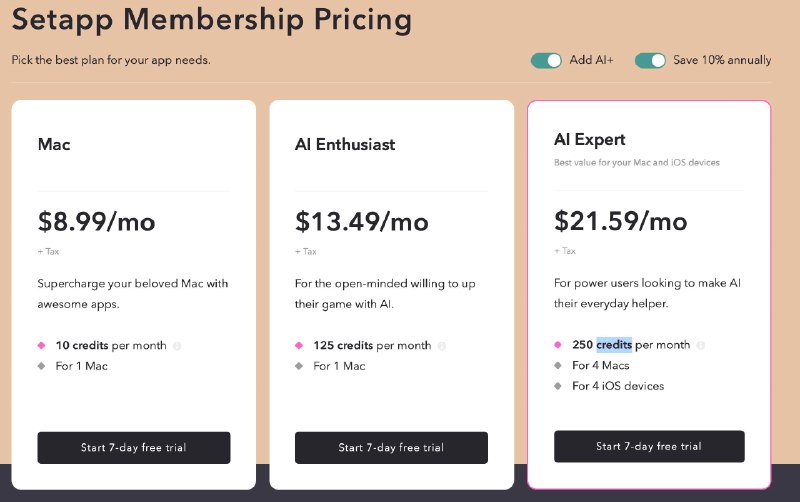 Setapp AI+订阅折扣本次促销由stacksocial 推出，此前曾推出过AdGuard 促销- 1 macOS，10 AI credits/月，售价$68.99，官网订购价为$107.88/年- 1 macOS，125 AI credits/月，售价$112.99，官网订购价为$161.88/年- 4 macOS+4 iOS，250 AI credits/月，售价$180.99/年，官网订购价为$260/年请注意：该促销仅限新Setapp帐户兑换下单支付后，可以在 已购商品 中查看兑换码以及激活流程