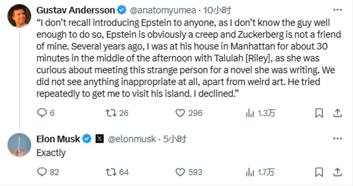 马斯克再回应爱泼斯坦文件：“他多次邀我去岛上，但我拒绝了”一位网友在X上分享了马斯克2019年回应《名利场》的电邮，当时该杂志报道马斯克曾介绍爱泼斯坦给扎克伯格认识