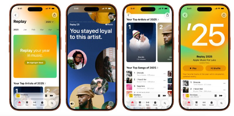 Spotify和Apple Music推出了2025年度回顾打开对应的App，即可看到年度回顾