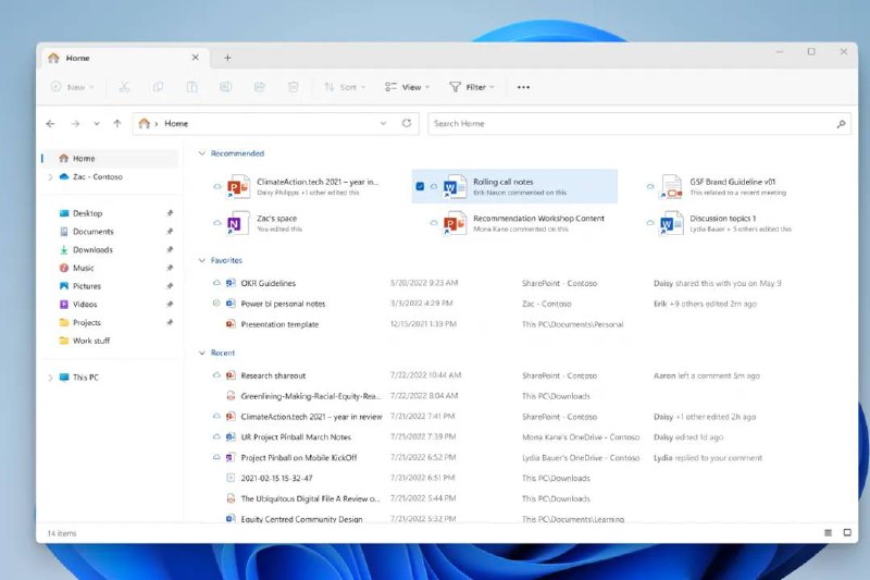 Windows 11 正在测试”文件推荐”功能微软 正在文件资源管理器中测试一个名为“推荐的文件”的系统，当您访问主页选项卡时，它会在顶部显示您可能想打开的特定文件