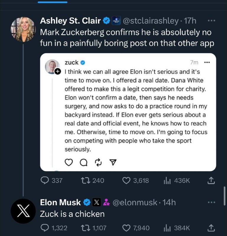 后续：马斯克称扎克伯格是一只鸡（胆小鬼）🗒 标签: #马斯克 #扎克伯格📢 频道: @GodlyNews1🤖 投稿: @GodlyNewsBot